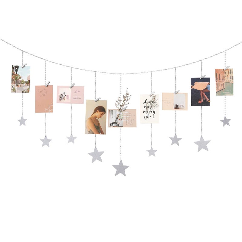 Mkono Hanging Photo Display Boho Decor Wooden Stars Garland with Metal Chains, Pictures Cards Holder with 25 Wood Clips, Wall Art for Christmas Living Room Bedroom Dorm Decor, Teen Girls Gift, Silver - Image 1